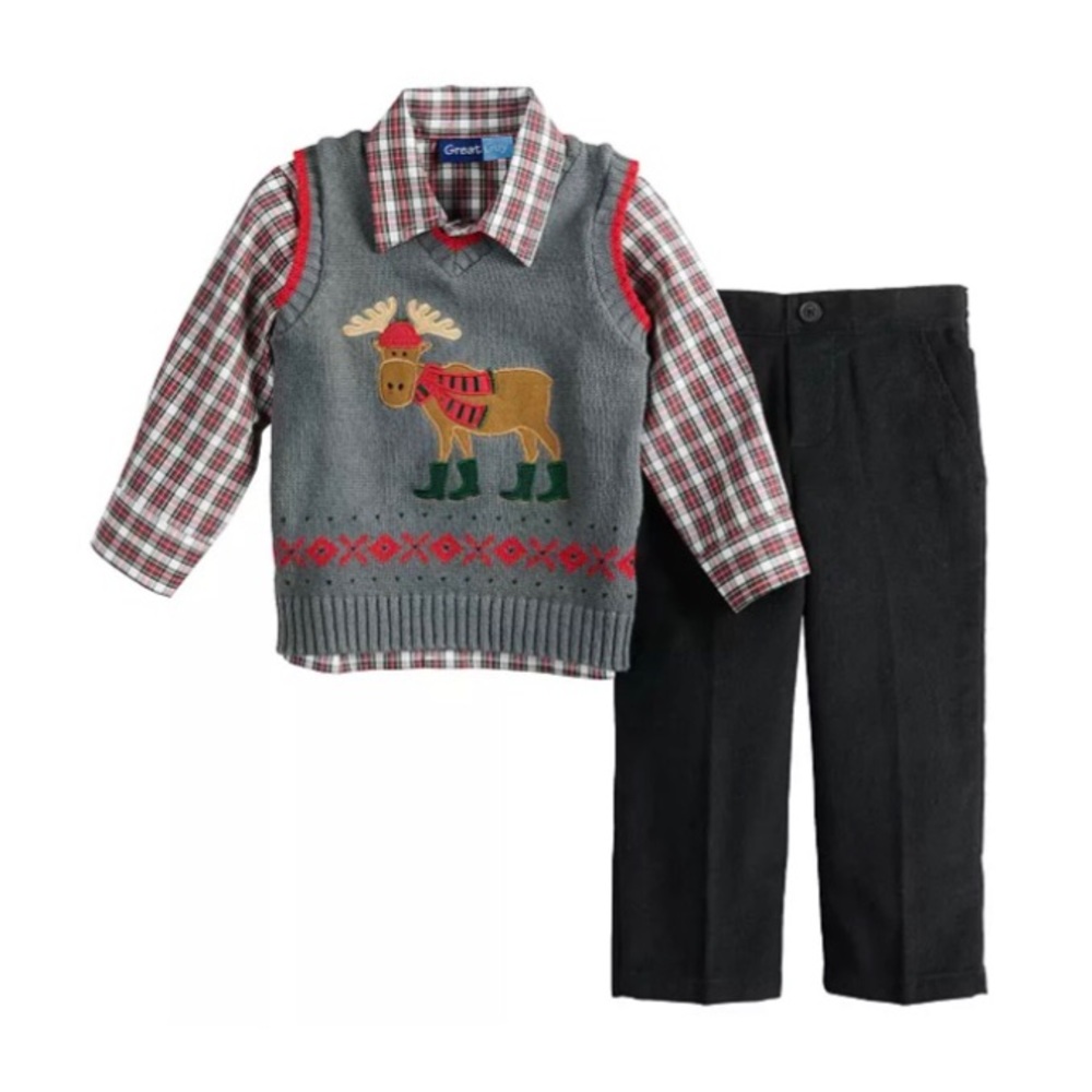 Moose Knit Sweater Vest, Plaid Shirt & Pants Set